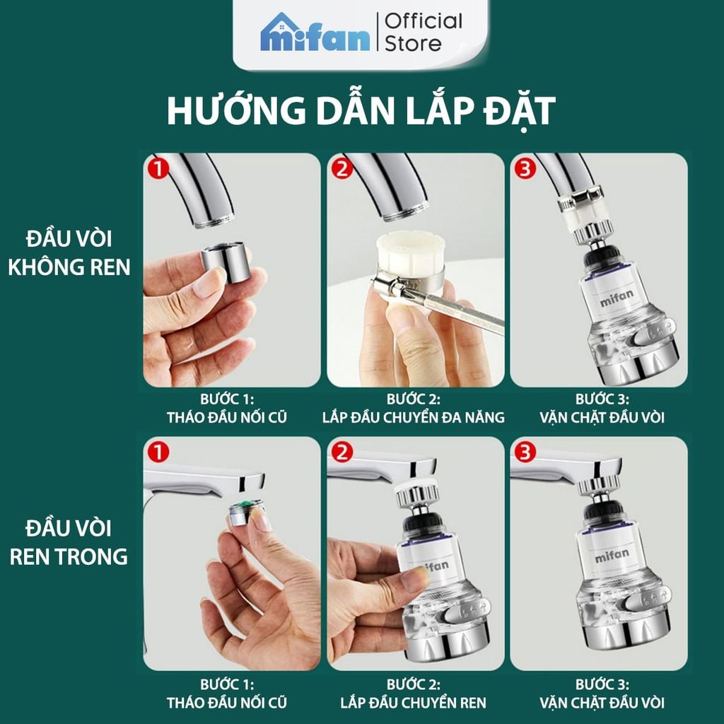 Đầu Vòi Rửa Bát Tăng Áp Lọc Nước 3 Chế Độ Phun Mifan