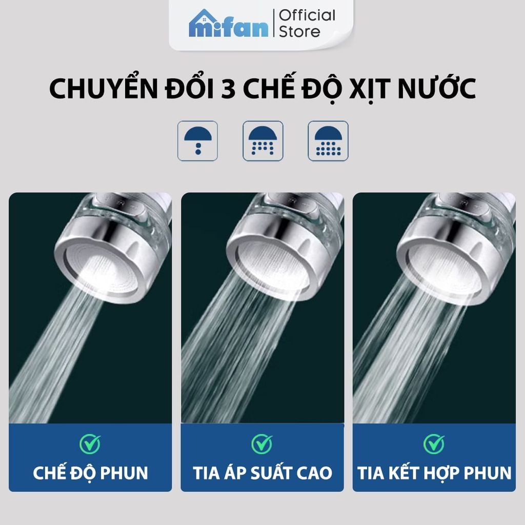 Đầu Vòi Rửa Bát Tăng Áp Lọc Nước 3 Chế Độ Phun Mifan