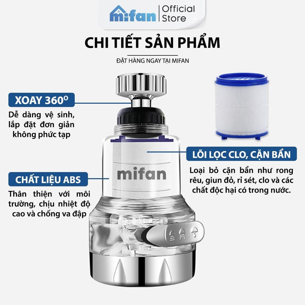Đầu Vòi Rửa Bát Tăng Áp Lọc Nước 3 Chế Độ Phun Mifan