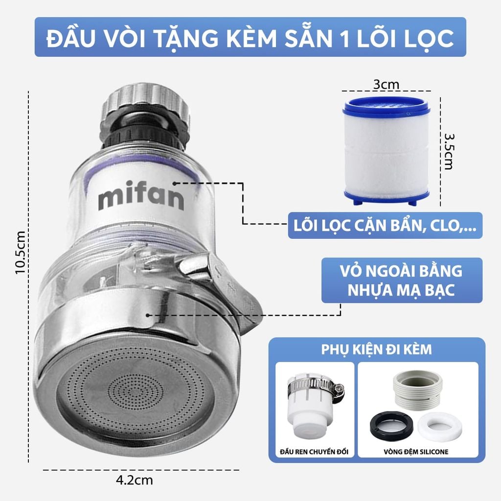 Đầu Vòi Rửa Bát Tăng Áp Lọc Nước 3 Chế Độ Phun Mifan