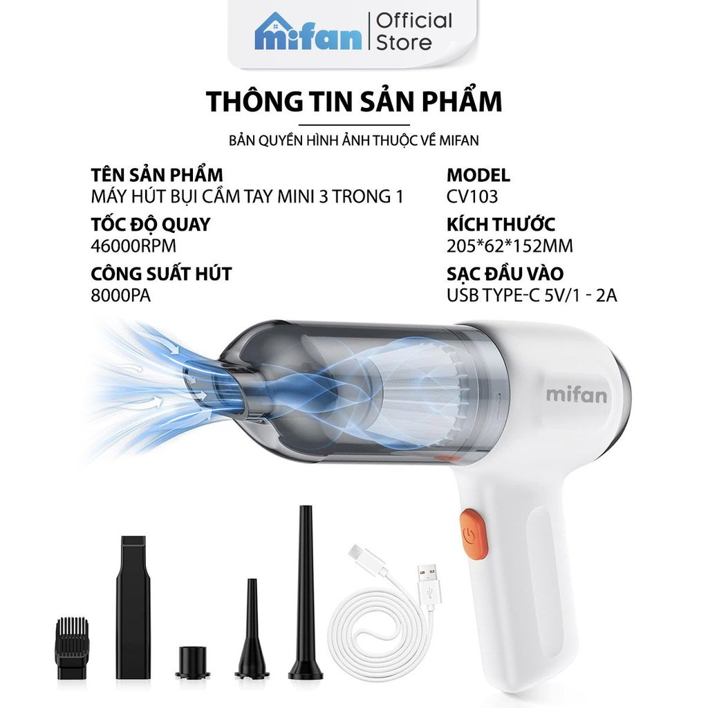 Máy Hút Bụi Cầm Tay Mini Không Dây 3 trong 1 Mifan CV103