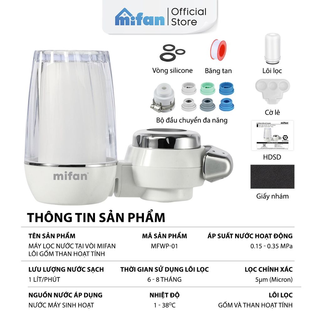 Bộ Lọc Nước Đầu Vòi Lõi Gốm MIFAN Inox 304 Tăng Áp 3 Chế Độ
