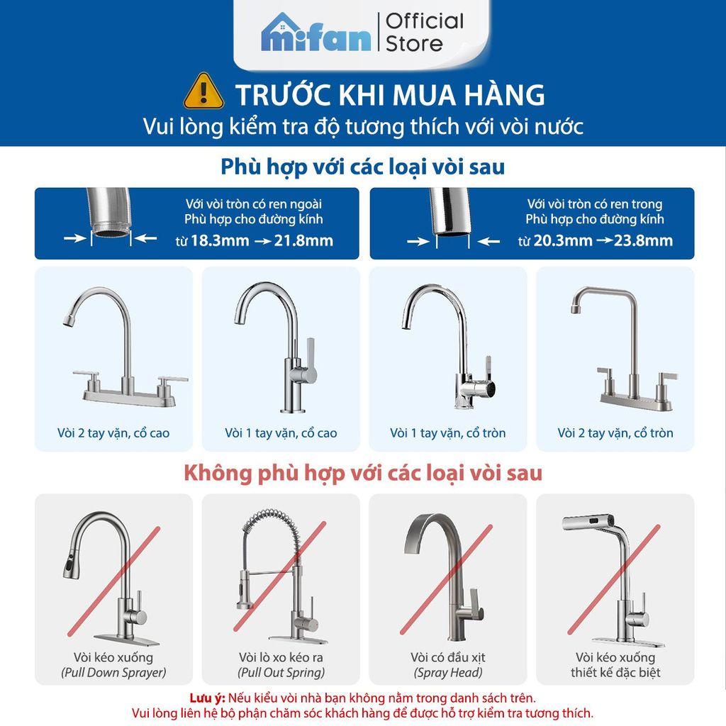 Bộ Lọc Nước Đầu Vòi Lõi Gốm MIFAN Inox 304 Tăng Áp 3 Chế Độ