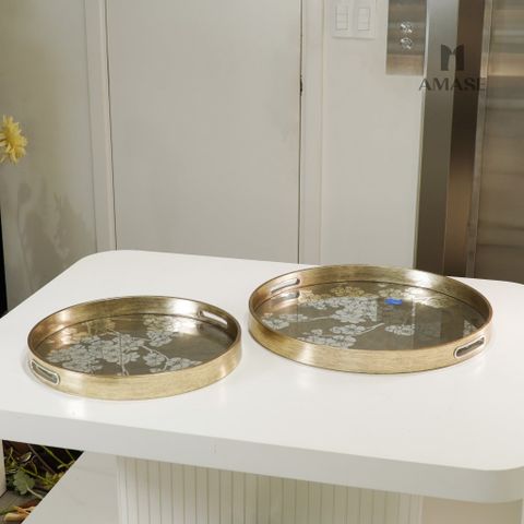 Set Khay Decor Kim Loại Phối Họa Tiết (Set 2 khay)_Country Style