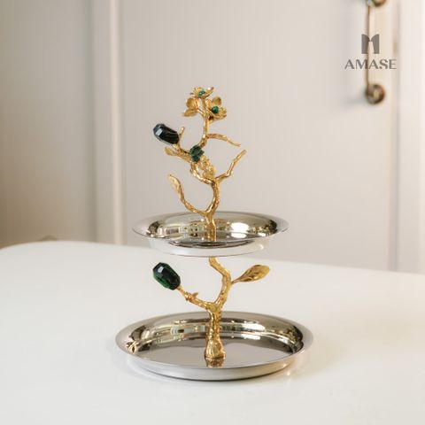 Khay Bánh Thép Hai Tầng Phối Đá Fluorit Xanh