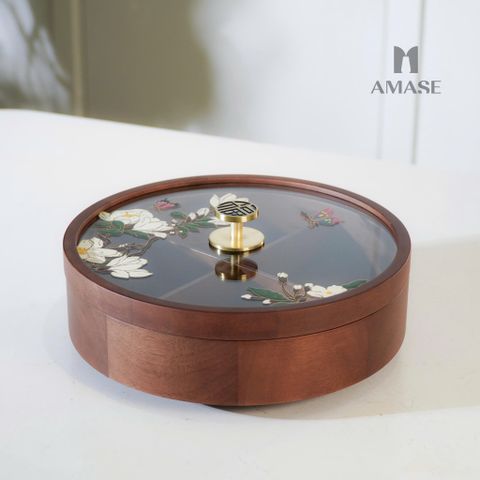 Khay Mứt Tròn Bằng Gỗ Cao Cấp Phối Hoa