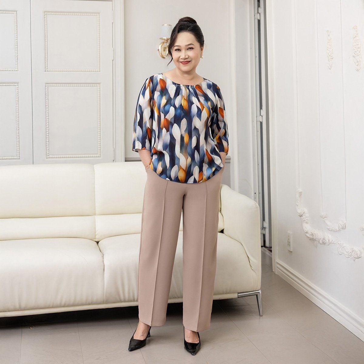  Hạnh Quần dài Hạnh ống rộng xếp li, thun phía sau 