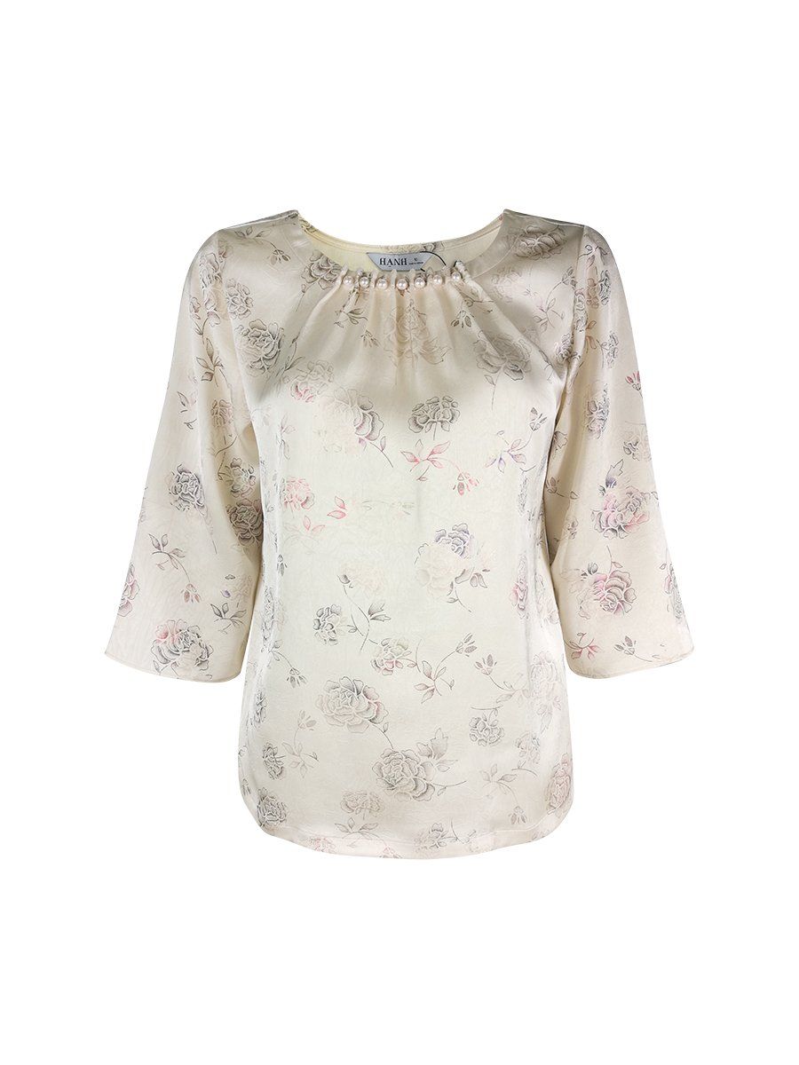  HẠNH - Áo kiểu cổ tròn đính châu tay lỡ chất liệu lụa Tô Châu 1432/4.585 