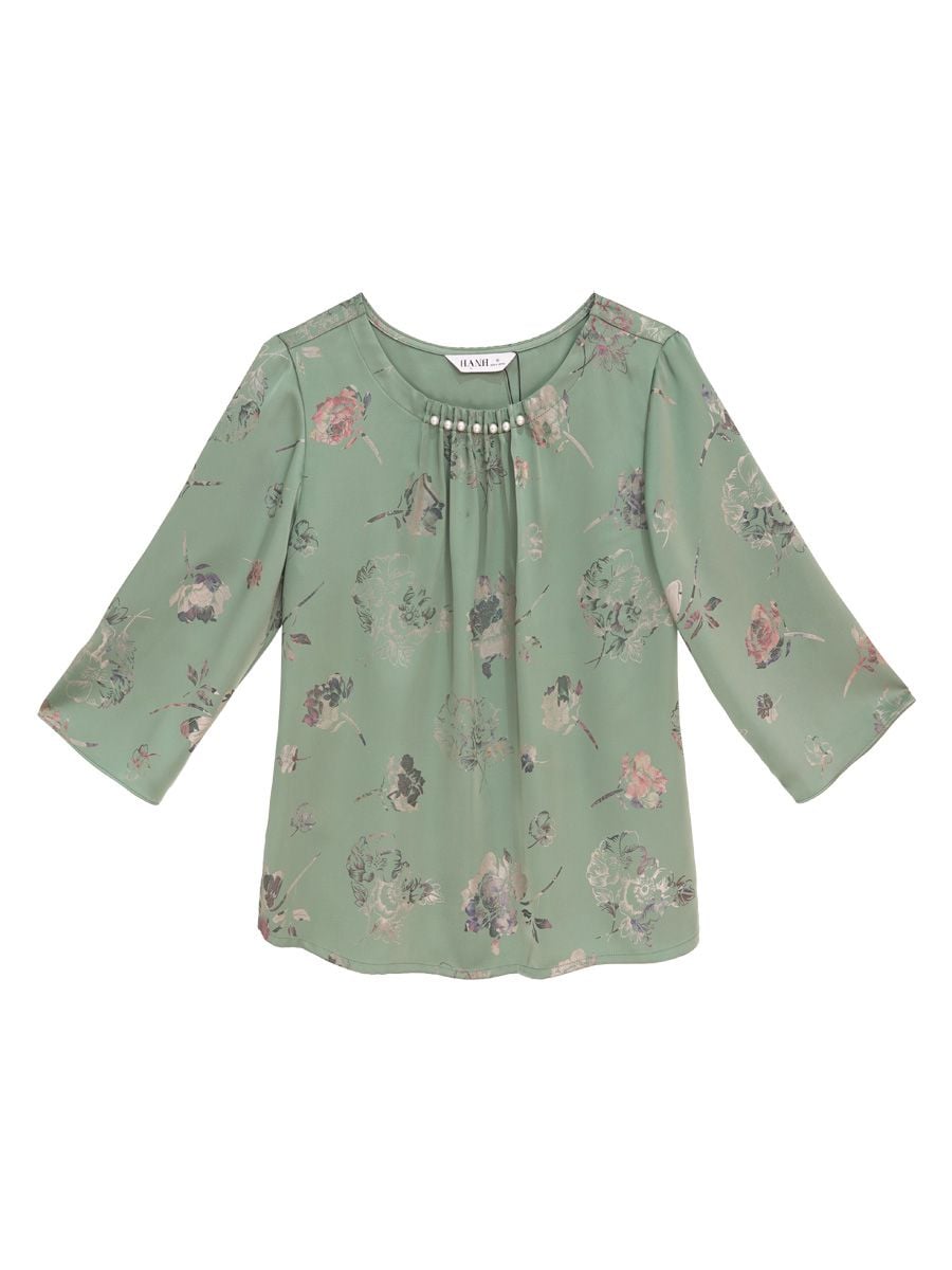  Hạnh Áo cổ tròn họa tiết hoa dập nổi, kết hạt, tay lửng 1432/5.187 