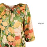 Hạnh Áo cổ tròn in họa tiết hoa, kết hạt, tay lửng 
