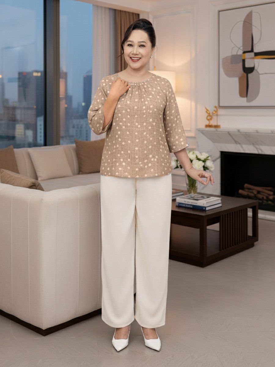  Hạnh - Áo kiểu trung niên cổ tròn đính hạt châu chất liệu lụa cavan in họa tiết 1432/5.359/5.360 