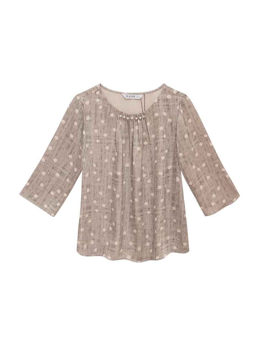  Hạnh - Áo kiểu trung niên cổ tròn đính hạt châu chất liệu lụa cavan in họa tiết 1432/5.359/5.360 