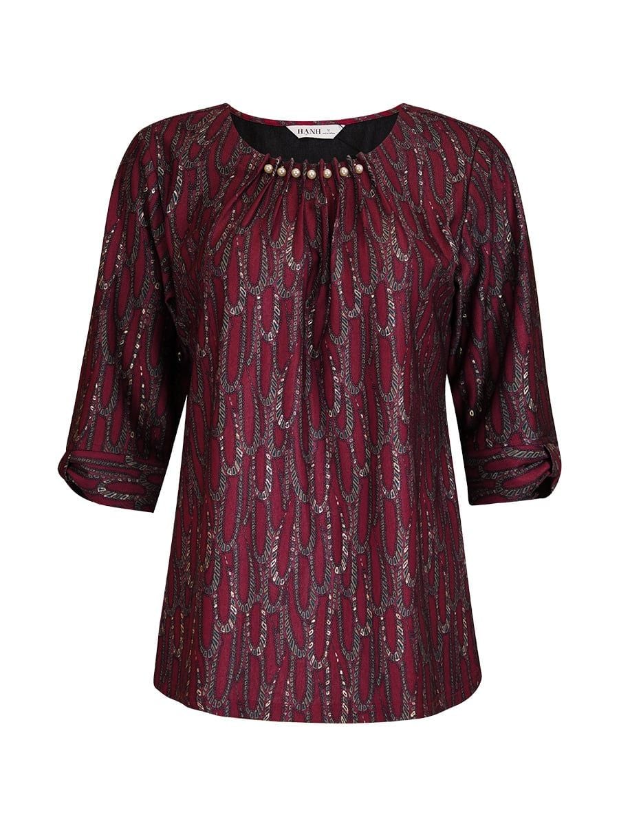  HẠNH - Áo kiểu cổ tròn xếp ly đính ngọc trai chất liệu cotton thun 2 da 1432/5.492 