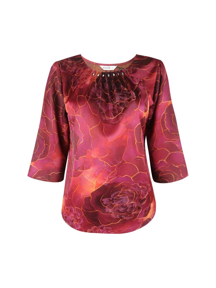  HẠNH - Áo kiểu cổ tròn đính nút tay lỡ chất liệu lụa Mẫu Đơn 1432/5.54 