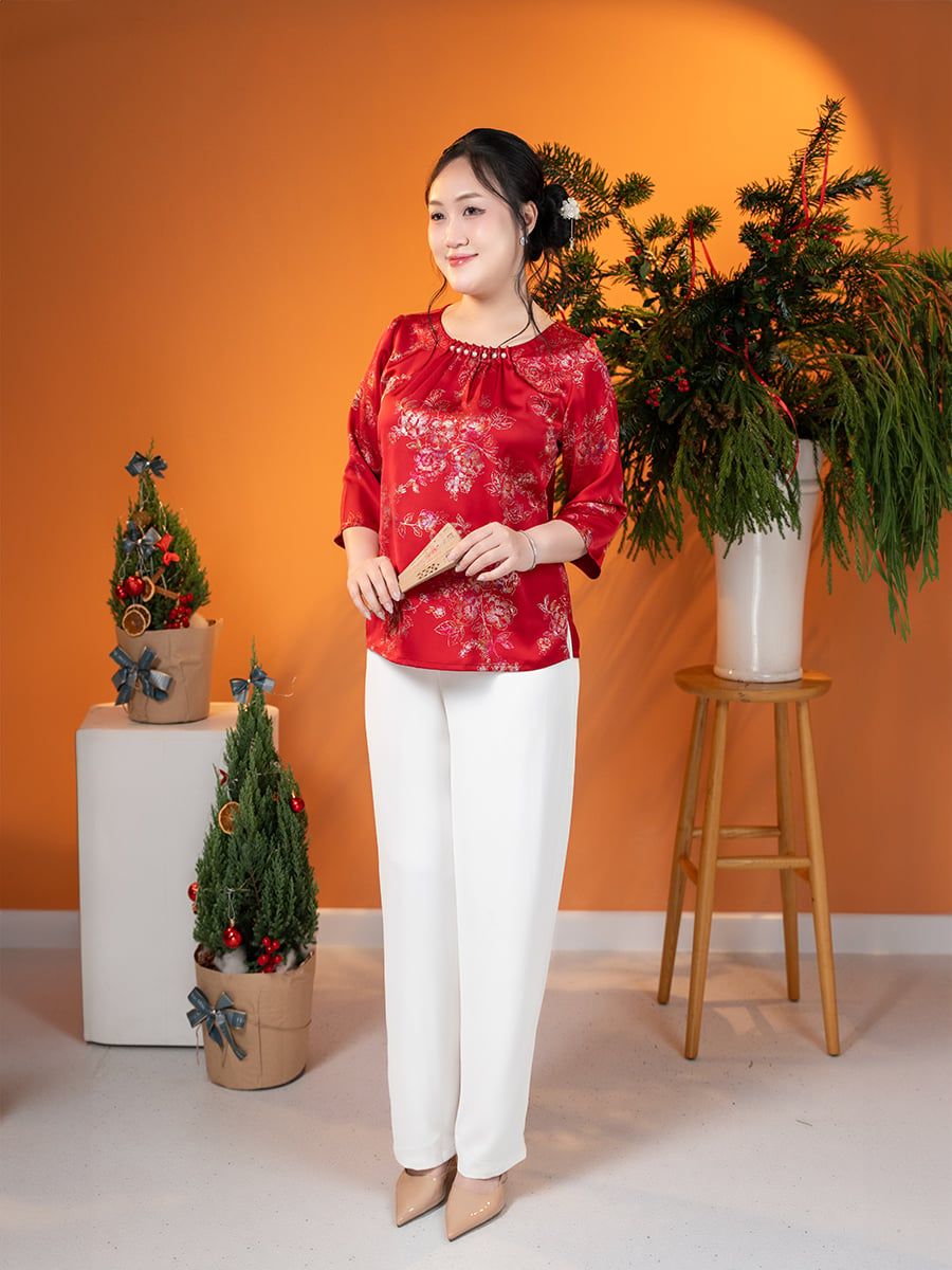  HẠNH - Áo kiểu cổ tròn đính hạt châu tay lỡ chất liệu lụa Tô Châu 1432/5.70 