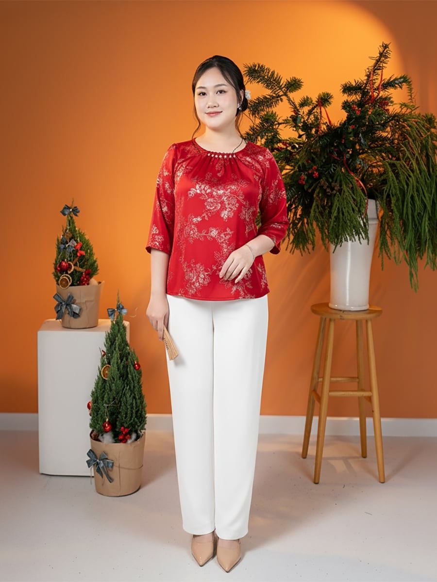  HẠNH - Áo kiểu cổ tròn đính hạt châu tay lỡ chất liệu lụa Tô Châu 1432/5.70 