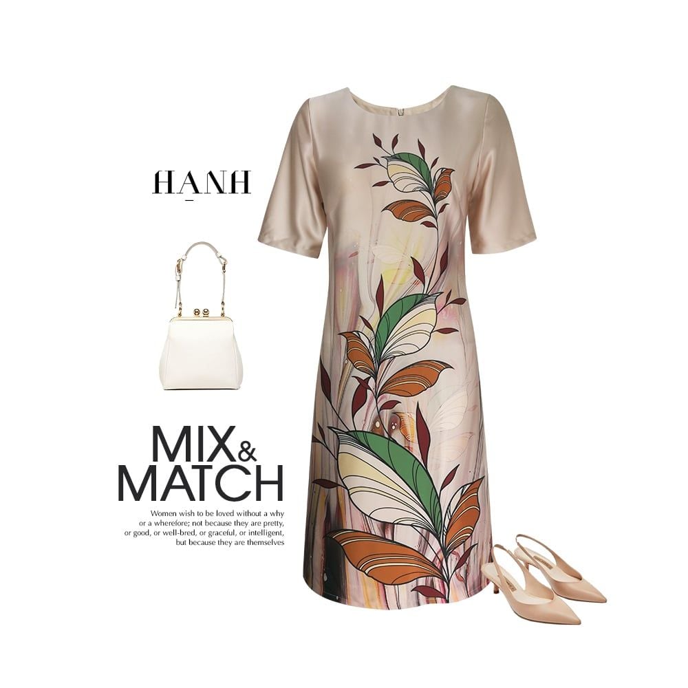  HẠNH - Đầm kiểu trung niên cổ tròn tay ngắn chất liệu lụa canvan in họa tiết 1623/4.271 
