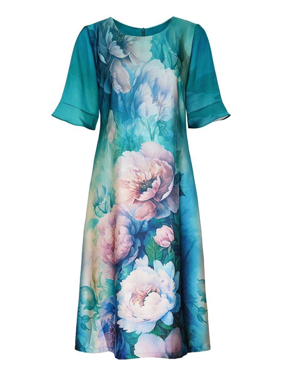  HẠNH - Đầm kiểu cổ tròn tay ngắn chất liệu lụa Tô Châu in họa tiết 1623/4.317 