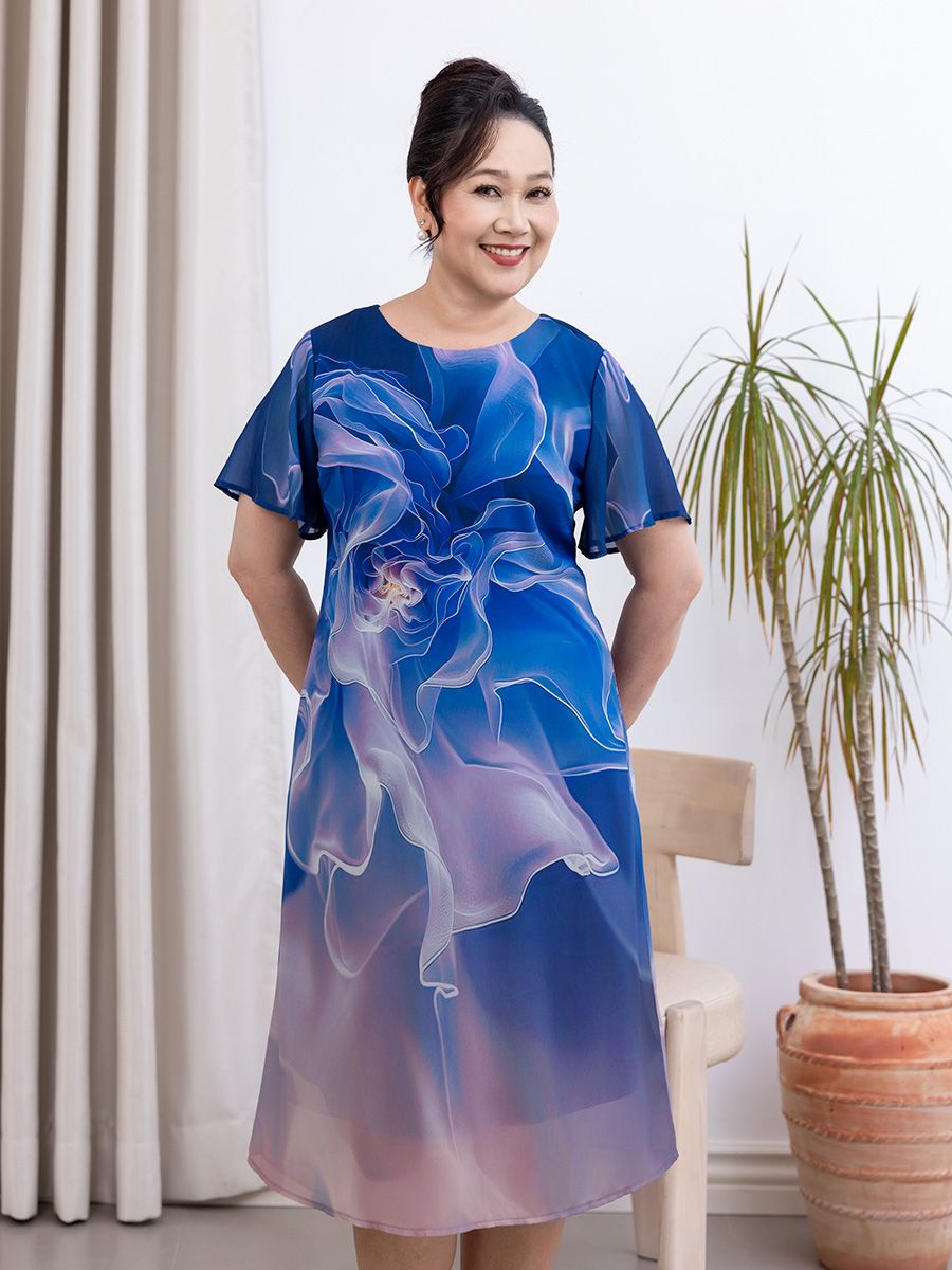  Hạnh Đầm suông cổ tròn in họa tiết chuyển động sắc xanh ,tay ngắn 1623/5.309 