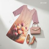  Hạnh Đầm suông cổ tròn in họa tiết hoa tulip, tay ngắn cách điệu 1623/5.329 