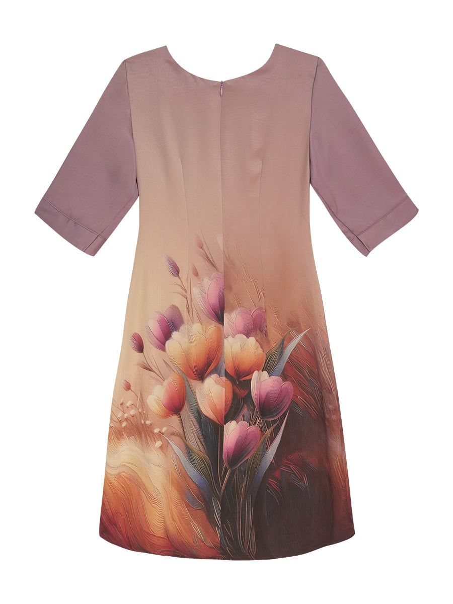  Hạnh Đầm suông cổ tròn in họa tiết hoa tulip, tay ngắn cách điệu 1623/5.329 