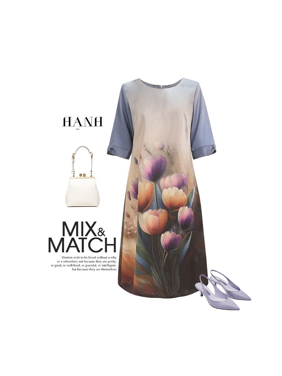  HẠNH - Đầm suông cổ tròn tay lỡ chất liệu lụa Canvan in họa tiết 1623/5.330 