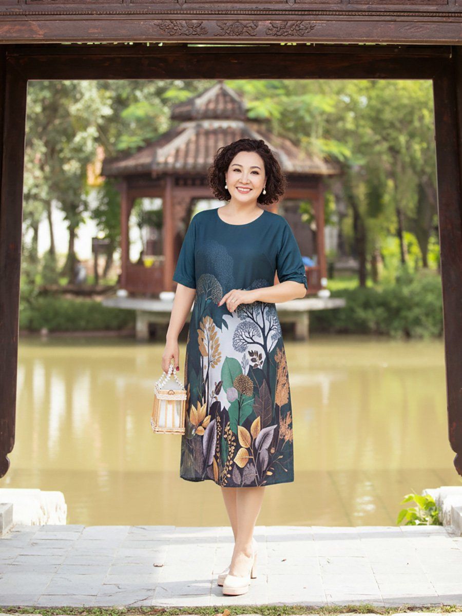  HẠNH - Đầm kiểu phom suông cổ tròn tay lỡ chất liệu lụa Canvan in họa tiết 1623/5.338 