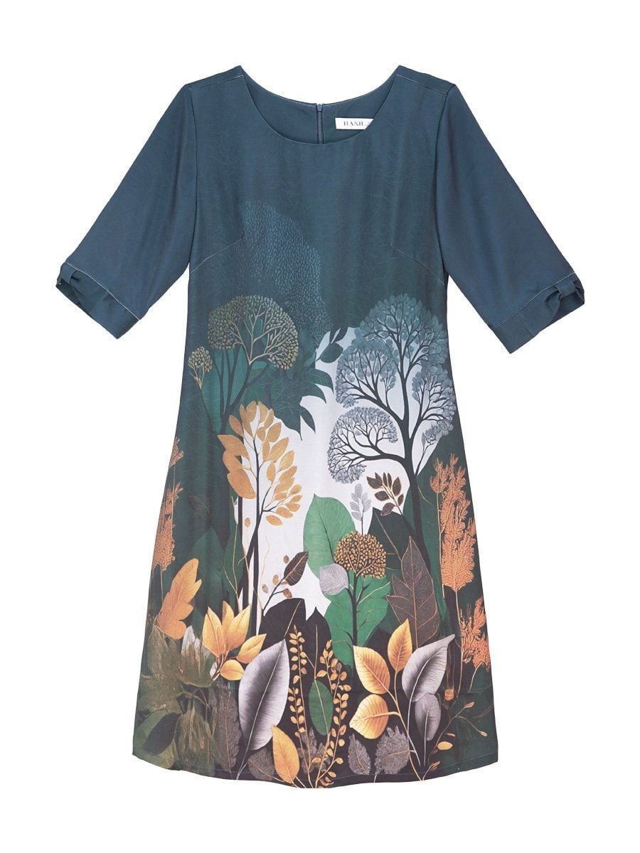 HẠNH - Đầm kiểu phom suông cổ tròn tay lỡ chất liệu lụa Canvan in họa tiết 1623/5.338 
