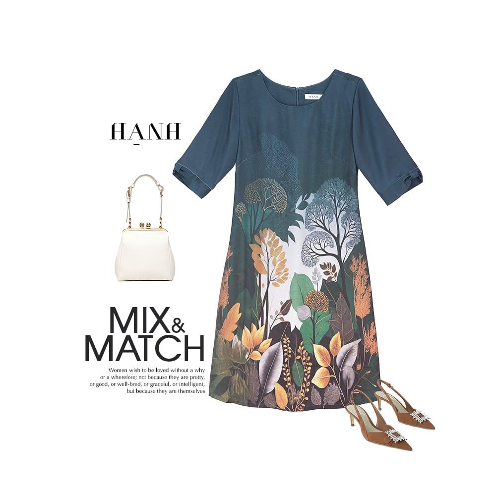  HẠNH - Đầm kiểu phom suông cổ tròn tay lỡ chất liệu lụa Canvan in họa tiết 1623/5.338 