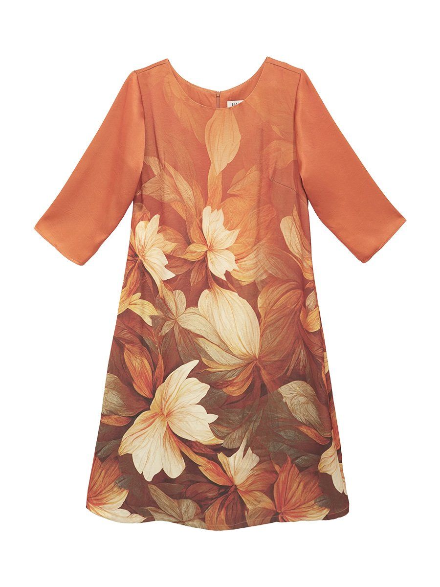  HẠNH Đầm suông trung niên cổ tròn tay lỡ chất liệu lụa in họa tiết hoa 1623/5.396 