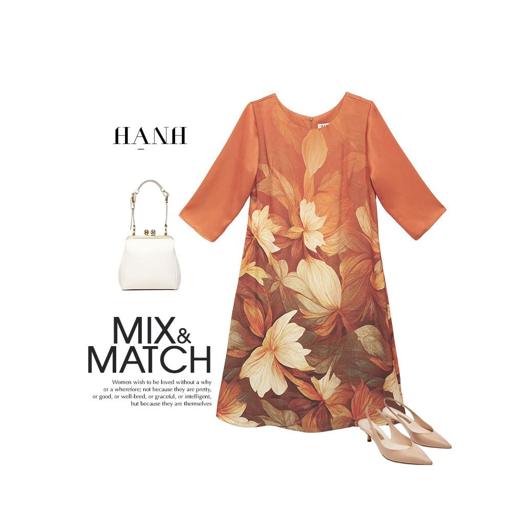  HẠNH Đầm suông trung niên cổ tròn tay lỡ chất liệu lụa in họa tiết hoa 1623/5.396 