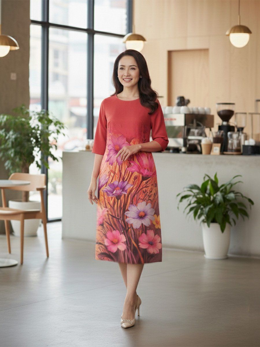  HẠNH - Đầm suông trung niên cổ tròn tay lỡ chất liệu lụa in họa tiết hoa 1623/5.467 