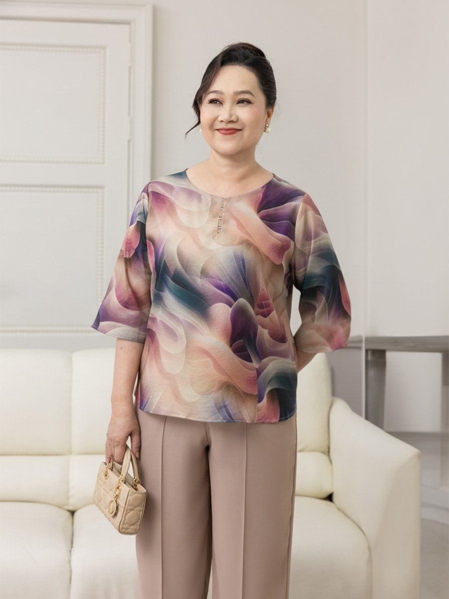  HẠNH - Áo kiểu cổ tròn đính bi tay lỡ chất liệu lụa Canvan 2472/4.599 