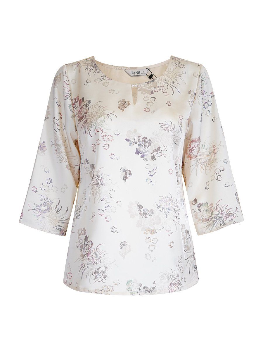  Hạnh áo cổ tròn in họa tiết hoa ánh màu, kết ngọc trai, tay lửng 2472/4.614 