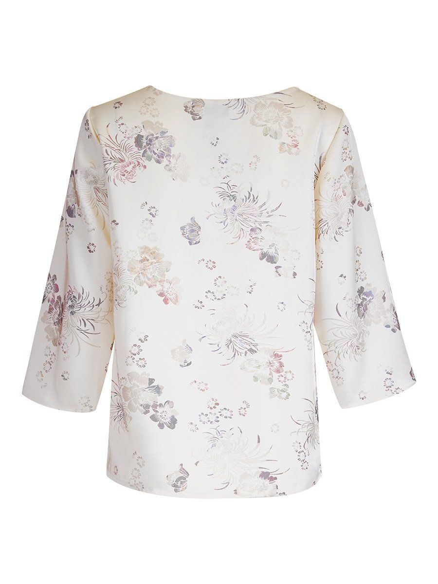  Hạnh áo cổ tròn in họa tiết hoa ánh màu, kết ngọc trai, tay lửng 2472/4.614 
