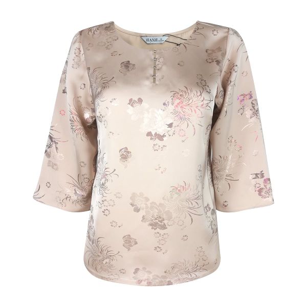  Hạnh - Áo Kiểu Trung Niên Cổ Tròn Kết Hạt Tay Lỡ Chất Liệu Lụa Canva In Hoa Văn 2472/4.615 