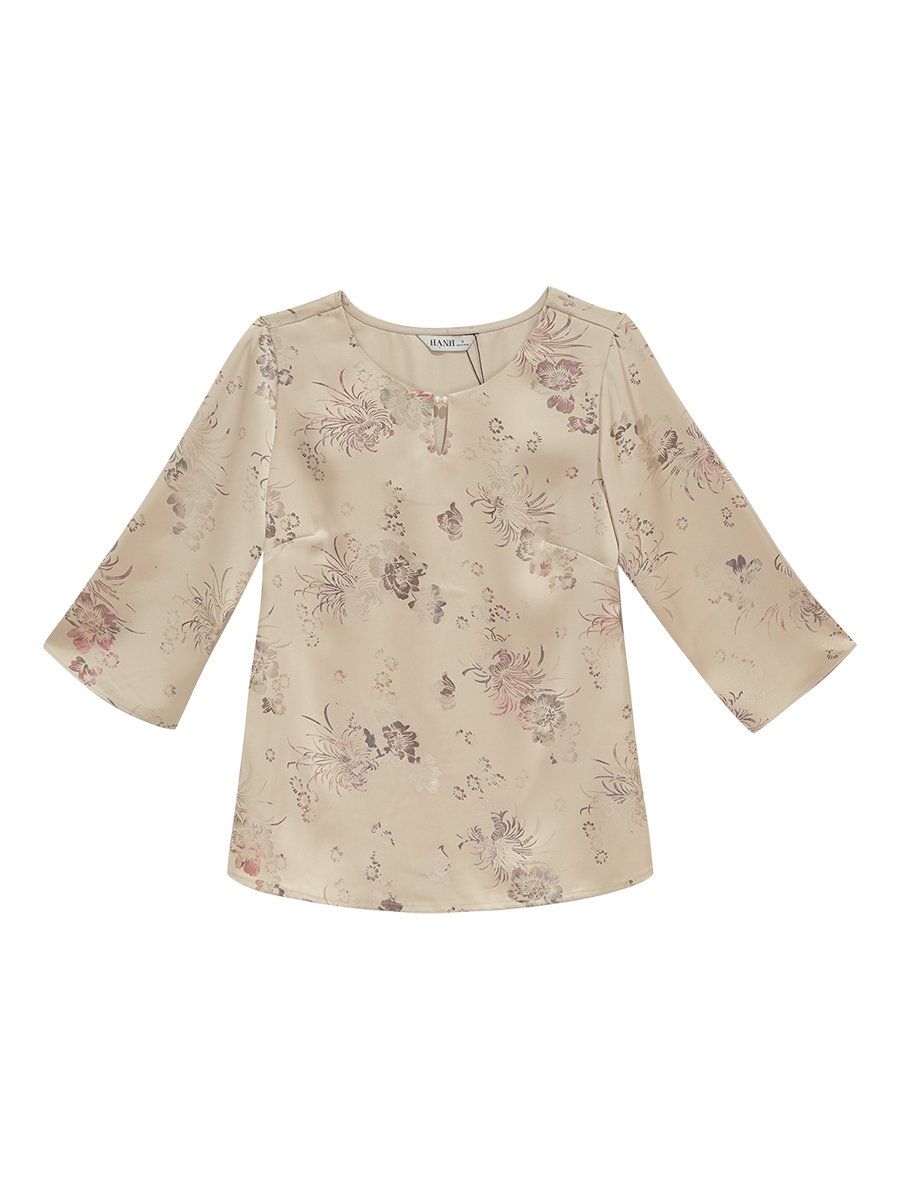  Hạnh - Áo Kiểu Trung Niên Cổ Tròn Kết Hạt Tay Lỡ Chất Liệu Lụa Canva In Hoa Văn 2472/4.615/5.72 