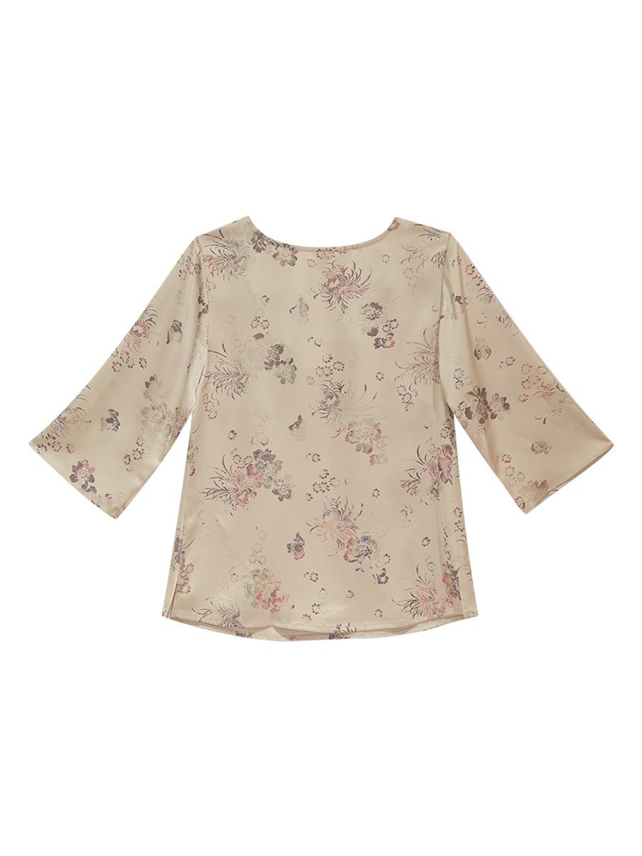  Hạnh - Áo Kiểu Trung Niên Cổ Tròn Kết Hạt Tay Lỡ Chất Liệu Lụa Canva In Hoa Văn 2472/4.615/5.72 