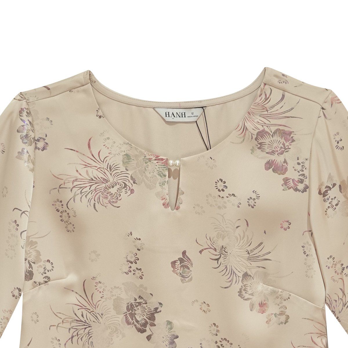  Hạnh - Áo Kiểu Trung Niên Cổ Tròn Kết Hạt Tay Lỡ Chất Liệu Lụa Canva In Hoa Văn 2472/4.615/5.72 