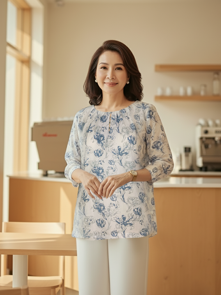  Hạnh - Áo kiểu trung niên cổ đính hạt, tay lỡ chất liệu cotton in hoạ tiết 2486/4.348 