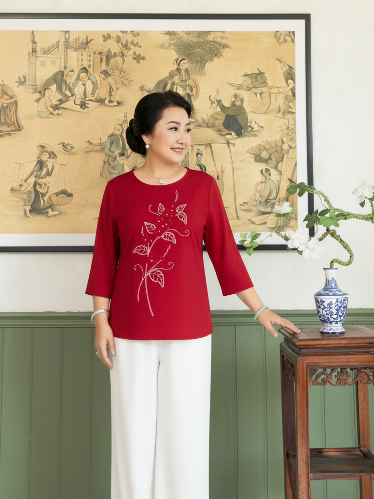  HẠNH - Áo  cổ tròn đính kết họa tiết tinh tế , tay lửng 2491/4.541 