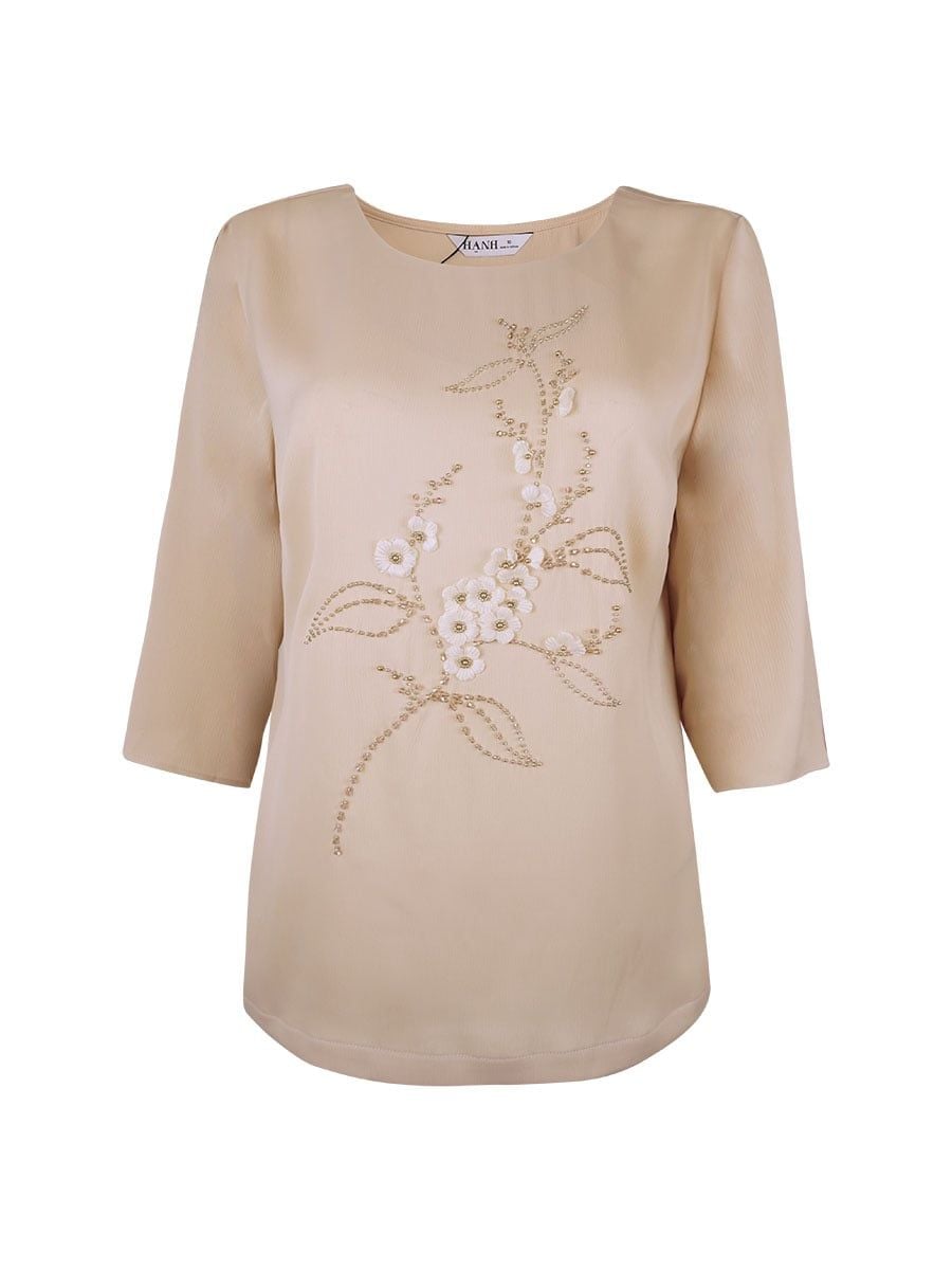  HẠNH - Áo kiểu cổ tròn tay lỡ chất liệu lụa vân sóng đính kết hoa thủ công 2491/4.542 