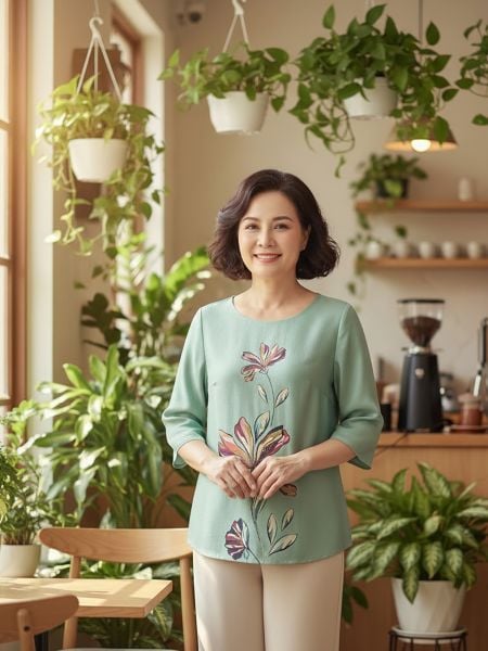  Hạnh - Áo kiểu trung niên cổ tròn tay lỡ chất liệu lụa Canvan in họa tiết 3D 2491/5.414 