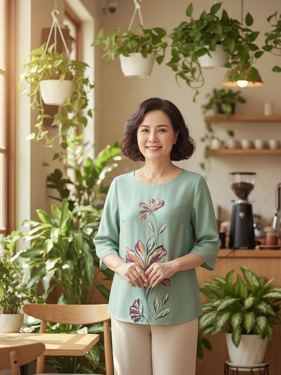  Hạnh - Áo kiểu trung niên cổ tròn tay lỡ chất liệu lụa Canvan in họa tiết 3D 2491/5.414 