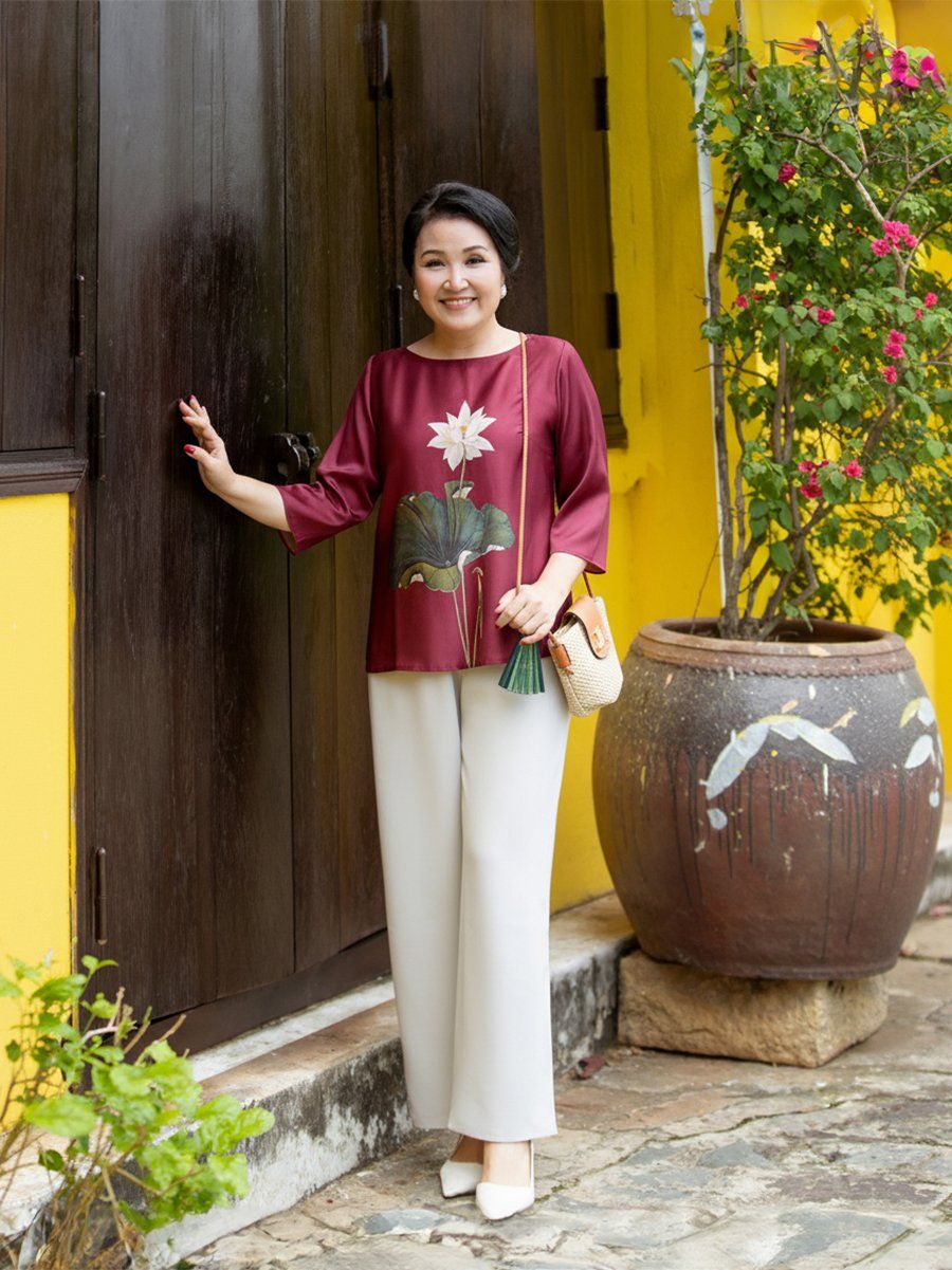  HẠNH - Áo kiểu trung niên cổ tròn tay ngắn chất liệu lụa canvan 2491/5.439 