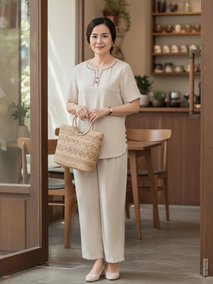  Hạnh - Bộ quần trung niên cổ tròn tay ngắn chất liệu linen thêu họa tiết 25413/5.288 