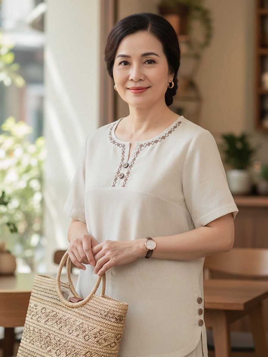  Hạnh - Bộ quần trung niên cổ tròn tay ngắn chất liệu linen thêu họa tiết 25413/5.288 