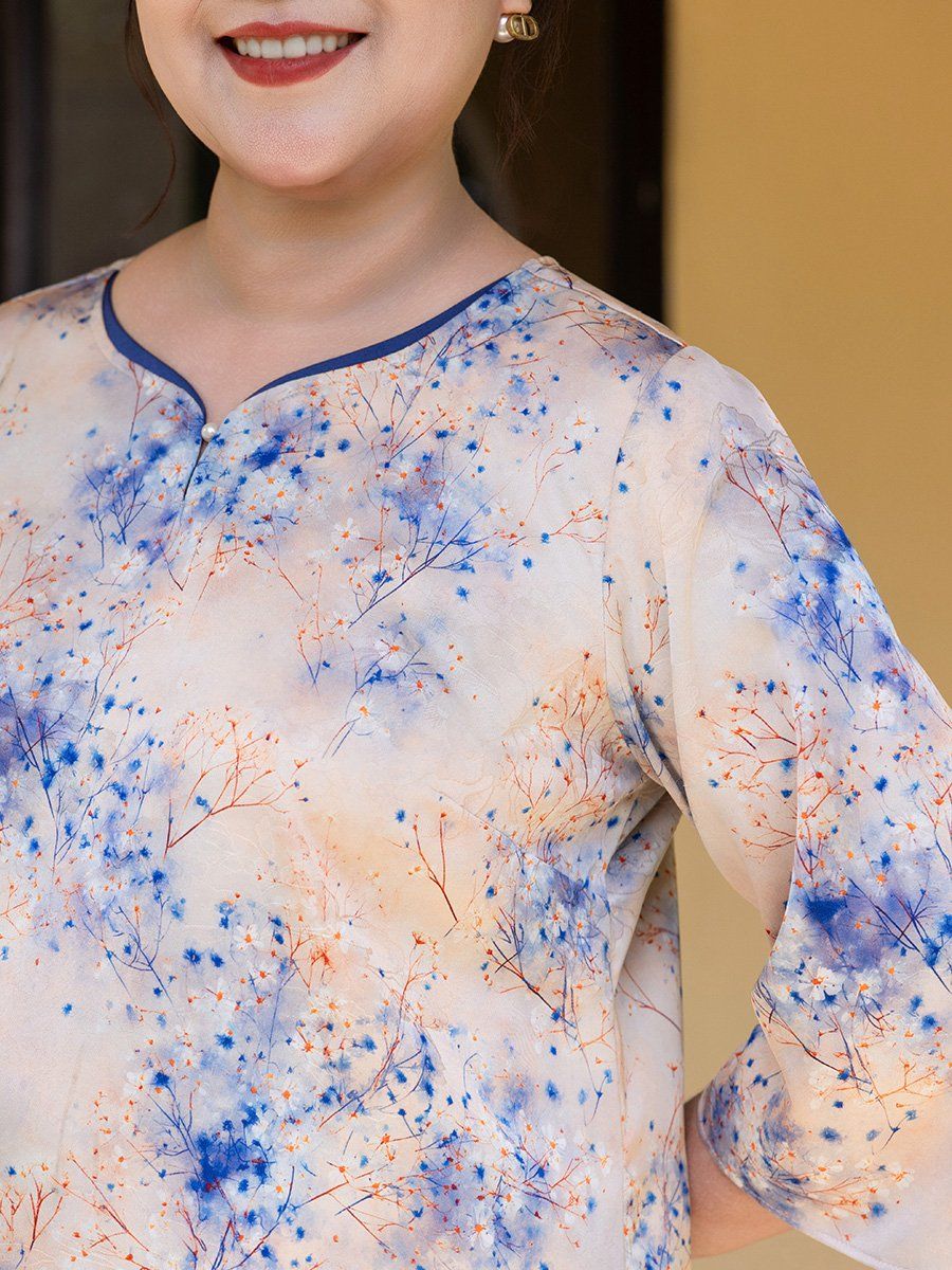  Hạnh - Áo kiểu trung niên cổ xẻ lá trầu đính hạt châu chất liệu lụa in họa tiết 25415/5.400/5.399/5.401 