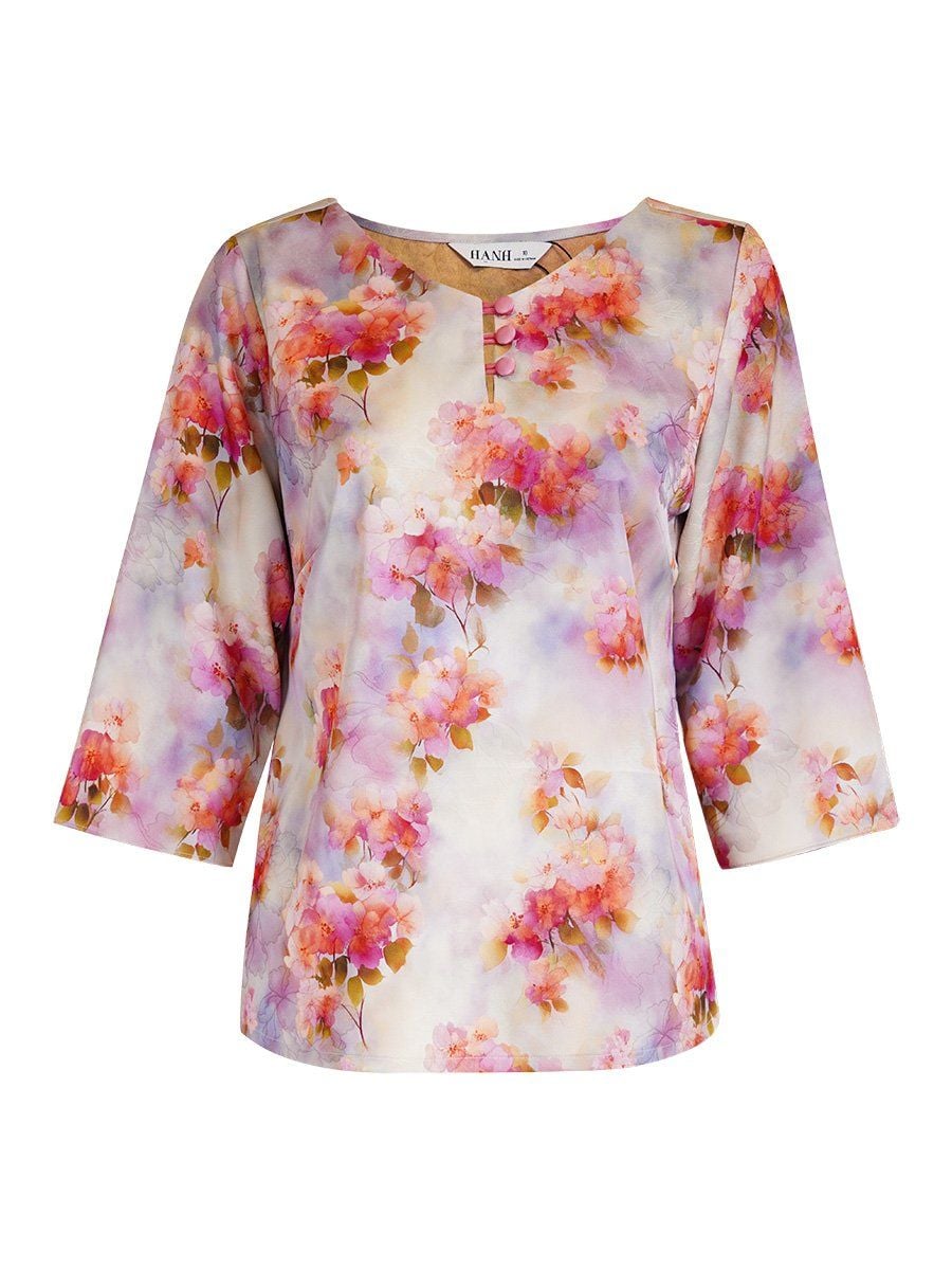  HẠNH - Áo kiểu cổ tròn đính nút bọc tay lỡ chất liệu lụa Mẫu Đơn 25417/5.378 