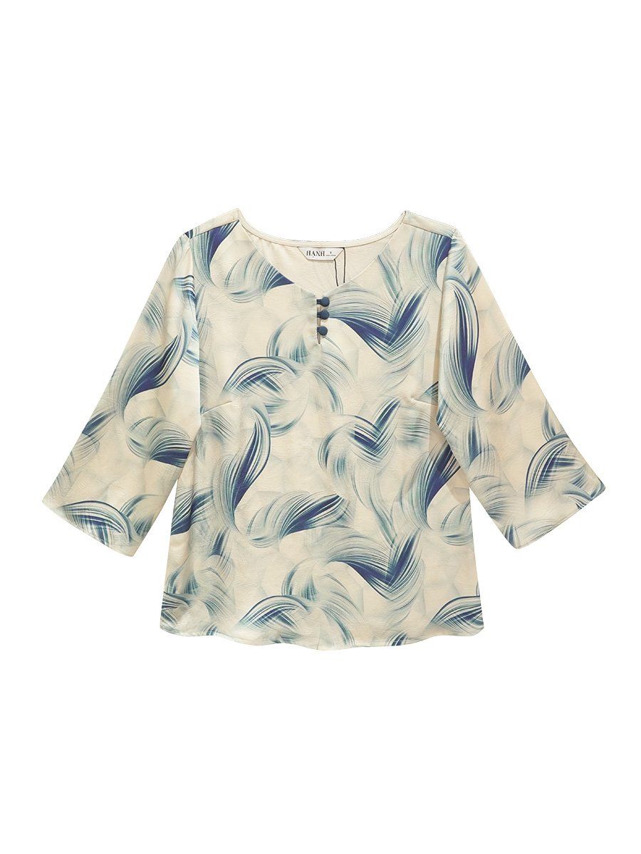  HẠNH - Áo kiểu trung niên cổ đính nút tay lỡ chất liệu lụa in hoạ tiết 25417/5.430 